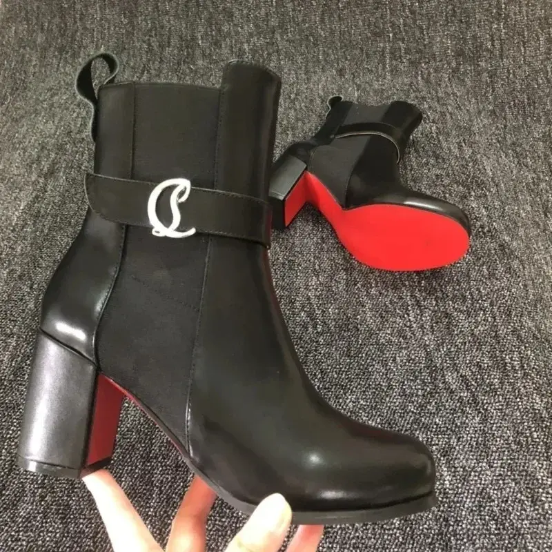 2023 nuovi stivali con fondo rosso di lusso Sexy punta tonda stivaletti con tacco quadrato donna fascia elastica nero tacco alto scarpe con suola rossa