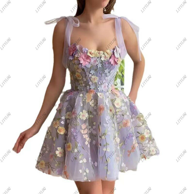 LIYYLHQ Fairy Short Prom Dresses For Women A Line Floral Appliques Backless Exquisite Evening Homecoming Dresses Robes De Soiree