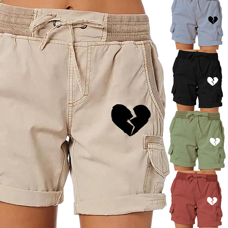 Женские шорты-карго с принтом сердца, Однотонные эластичные шорты для гольфа и активного отдыха, рабочие шорты, уличные летние шорты с карманами