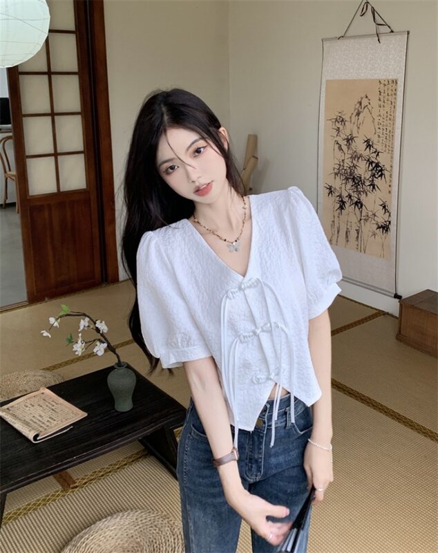 Miiiix-camisa feminina de ombro completo com botão estilo chinês, manga curta, levemente gordinha, camiseta francesa de emagrecimento, nova, verão