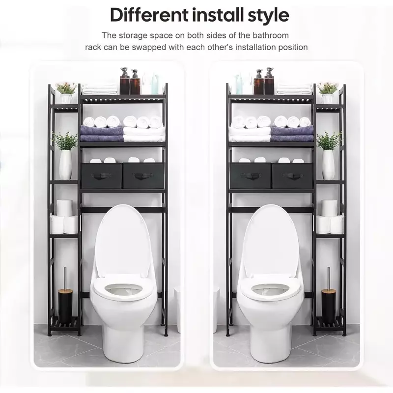 Über der Toiletten ablage mit Korb und Schublade, Bambus-Bad organisator mit verstellbarem Regal und wasserdichtem Fuß polster