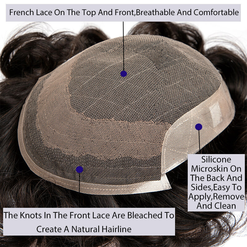 Okta męska peruka francuska koronka i silikonowa mikroskóra męskie włosy proteza naturalne ludzkie włosy peruki systemy wydechowe tupet męskie treski