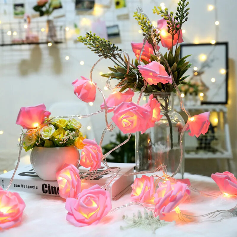 Rose Flower String Lights Battery Operated Foam Rose Fairy Garland Light for Home Bedroom Wedding Valentine's Day