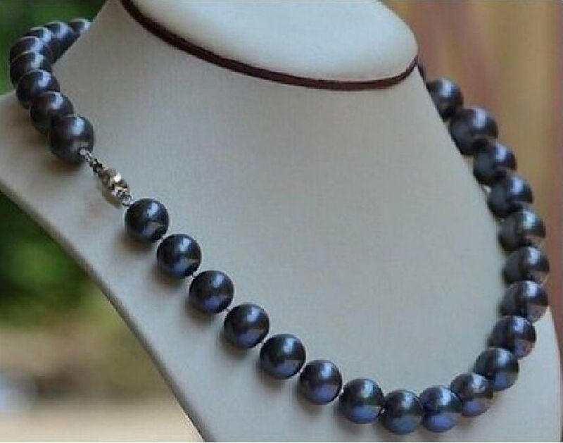 Elegante collar de perlas redondas AAA de 10-11mm Tahití negro y azul de 18"