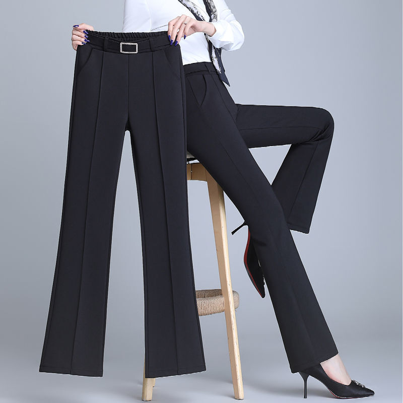 Moda elegante elásticas faixas de cintura alta calças mulheres 2022 nova senhora do escritório comutar todos os jogos de cor sólida bolsos calças casuais