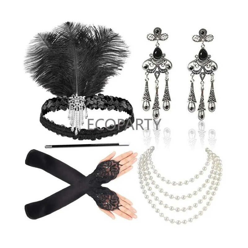 1920s Women Vintage Flapper Gatsby Costume Accessories Set 20s Headband Pearl Necklace Gloves Cigarette Holder Anime Earring Set