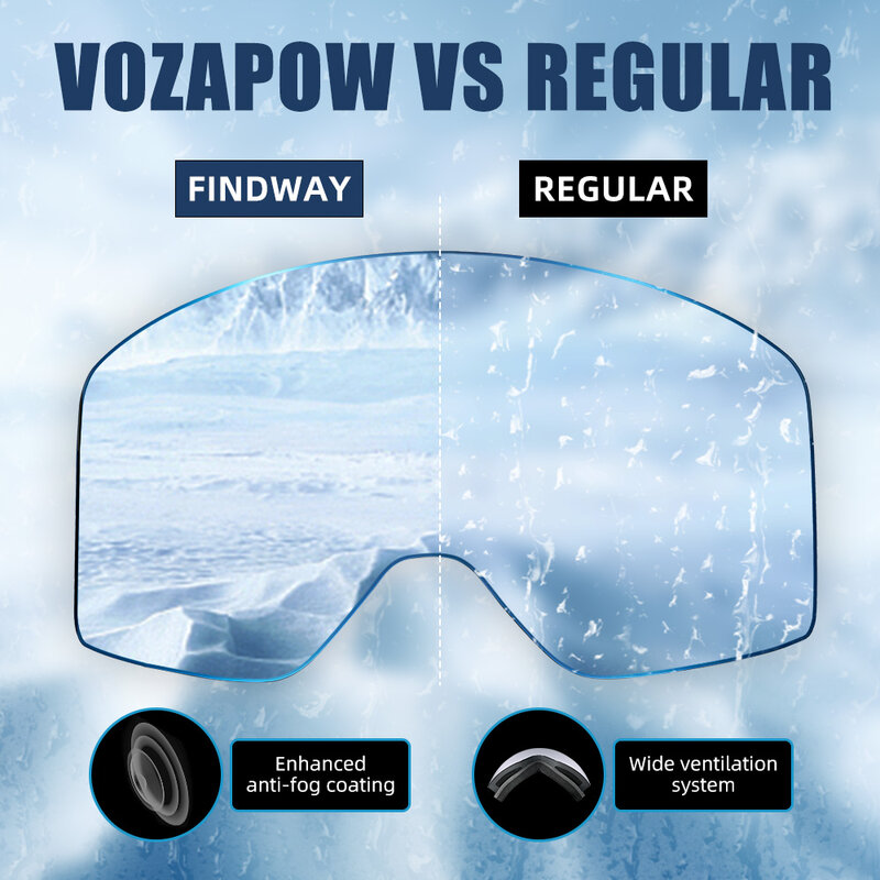 Vozapow kacamata Ski pria wanita, lensa dua lapisan Anti kabut UV400 masker Ski besar Ski papan salju