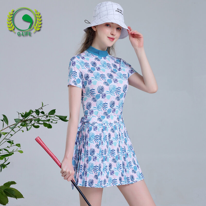 Summer Slim Pleated Golf Short Skirt Printing Sport Culottes Women Breathable Stand Collar Shirt Quick Dry Casual T-shirt Sets