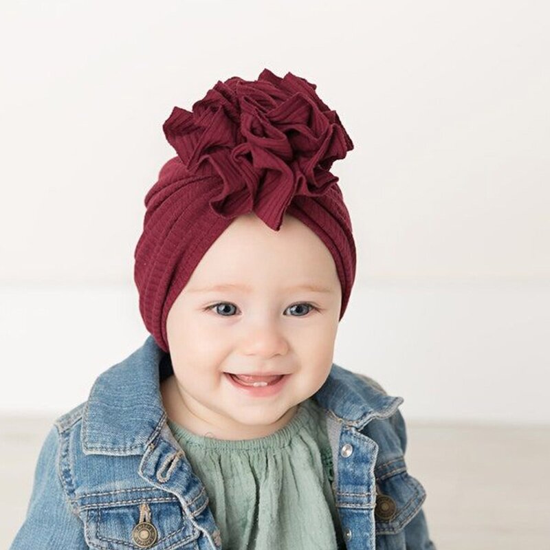 Cappello turbante per bambini in tinta unita lavorato a maglia dolce floreale per bambini berretto per bambini neonati puntelli per fotografia accessori per capelli con cofano