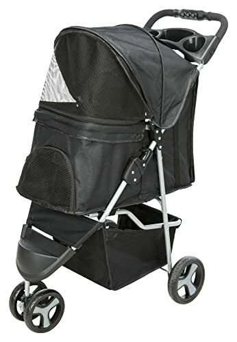 Foldable Pet Stroller for Cats and Dogs, Pet Carrier Strolling Cart with Weather Cover, Storage Basket, Cup Holder