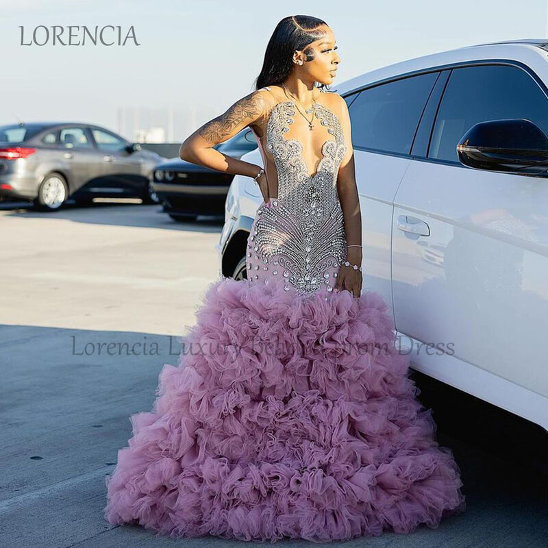 Sparkly Pink Diamonds Prom Dresses Beads Crystals Ruffle Gown For Black Girl Prom Evening Party Gowns Formal vestidos de gala