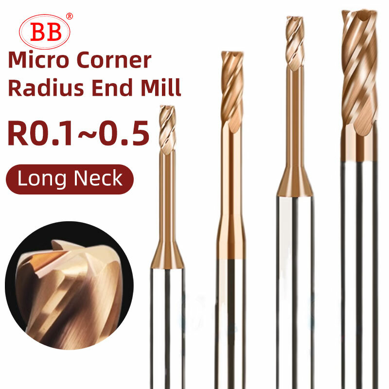 BB Micro Corner Radius End Mill con cuello largo 1mm 1,5mm 2mm R0.1 R0.5 Mini carburo CNC herramienta de corte