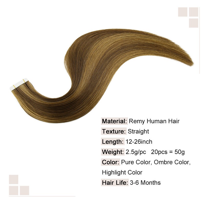 Fita invisível na extensão do cabelo humano para mulheres, reta, real, cor natural, adhensive, 20pcs