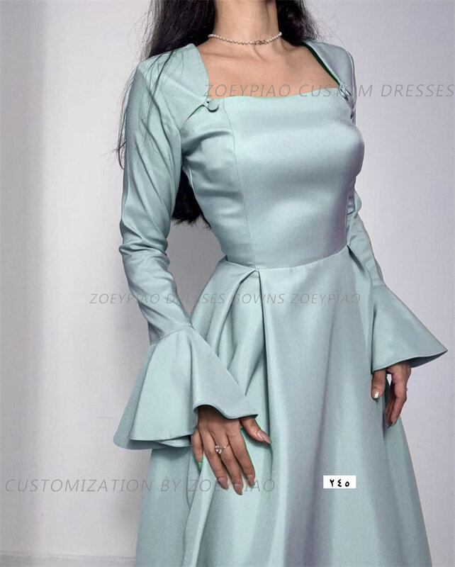 Light Green Satin Strapless Prom Dresses 2024 Simple Button Formal A Line Party Gowns Plain Long Sleeves Evening Dress
