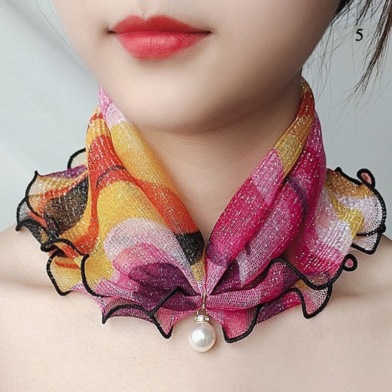 Lady Headscarf Ruffle Lace Scarf Gold Silk Scarf With Pearl Decor Multi-functional Neck Wrap Elastic Chiffon Scarves Neck Collar