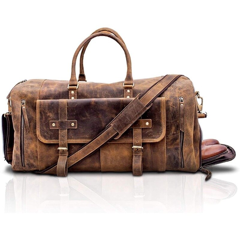 Women Full Grain Leather Travel Overnight Weekend Leather Bags Sports Gym Duffle for Men (Brown Tan with shoe pocket)