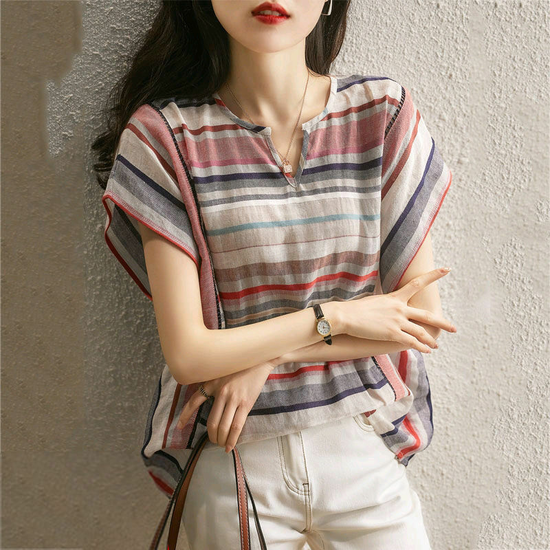 Блузка женская с V-образным вырезом, модная повседневная универсальная рубашка в полоску, с рукавами «летучая мышь», свободного покроя, лето 2024