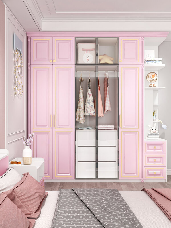 Europejska różowa szafa dziecięca z litego drewna do domu sypialnia dziewczęca szafa narożna prosta nowoczesna różowa