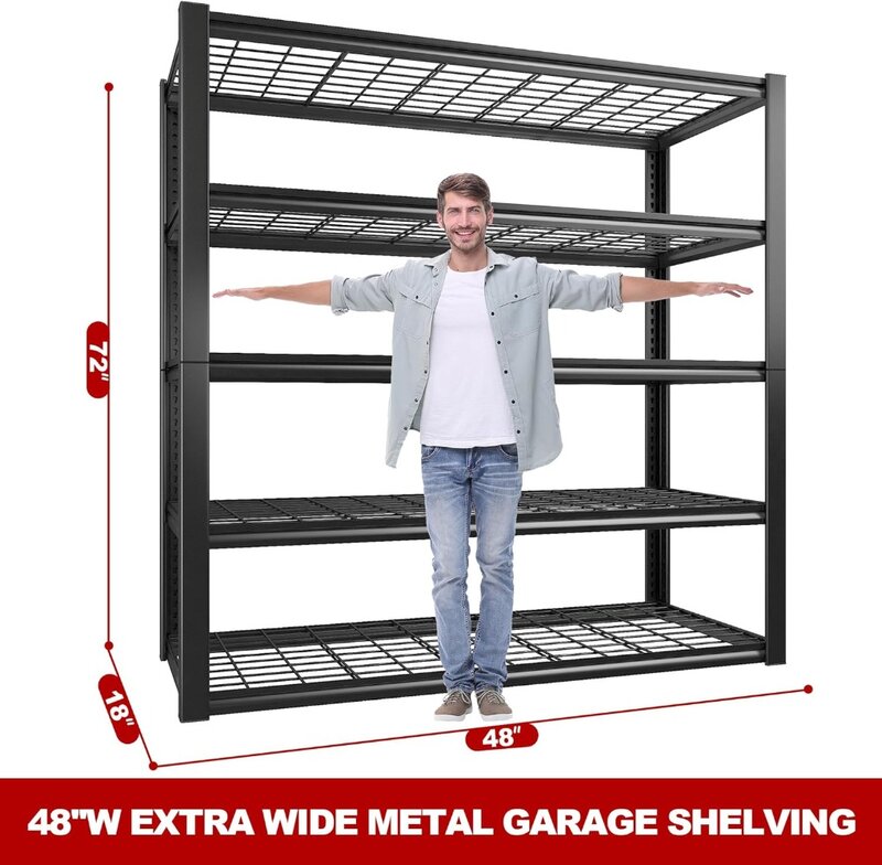 REIBII 48''W Garage Shelving Heavy Duty Loads 2500LBS Garage Storage Shelves Heavy Duty Shelving 5 Tier Adjustable Metal Shelvin