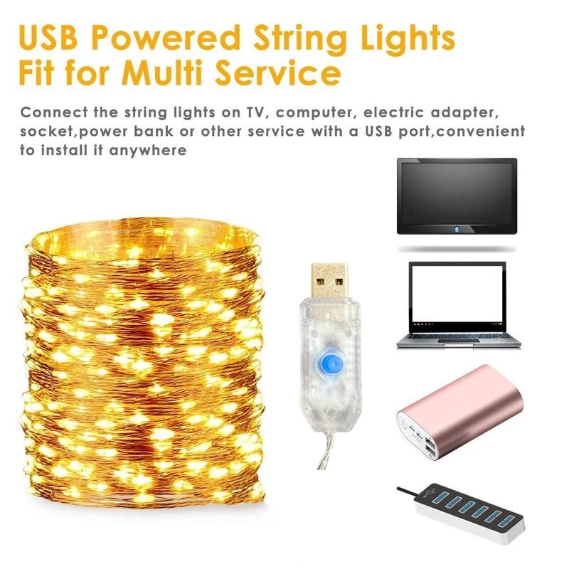 USB LED String Lights com controle remoto, lâmpadas, guirlandas de fadas, lâmpadas, 8 modos, casamento, Natal, feriado, ano novo, 5m, 10m, 20m, 30m