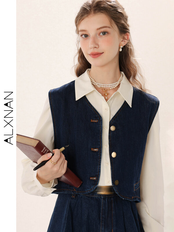 ALXNAN-Conjunto de tres piezas para mujer, traje de camisa con Falda vaquera Retro, camiseta de manga larga con solapa, chaleco de un solo pecho, TM00221, otoño, 2024