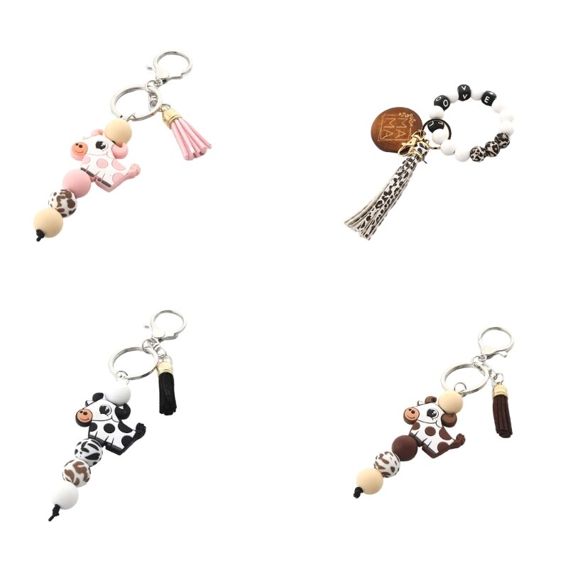 Silikon Perlen Schlüsselanhänger mit Quasten Cartoon Kuh Tier Anhänger Schlüsselanhänger für Autoschlüssel Frauen Tasche
