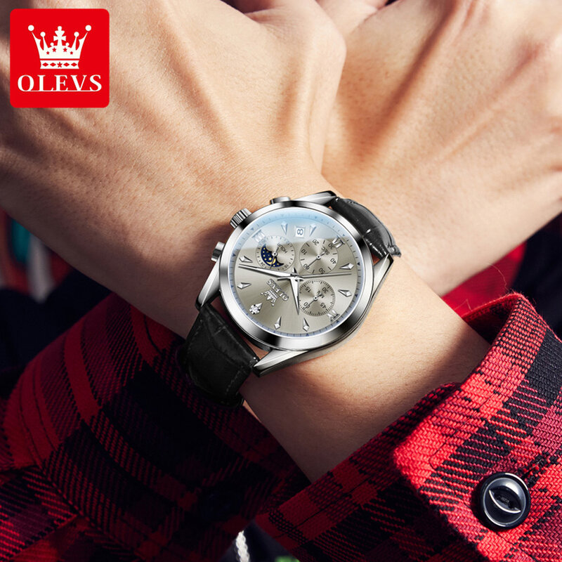 OLEVS-Relógio quartzo luminoso fase lunar impermeável masculino, pulseira de couro confortável, estilo casual fashion, original, masculino