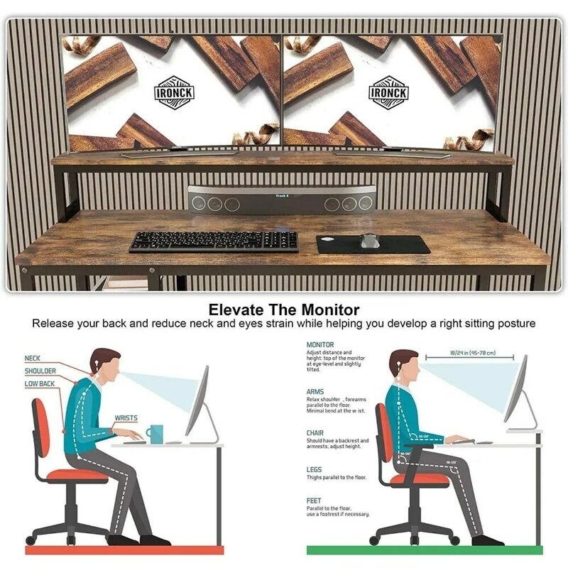 Biurko komputerowe IRONCK 47", biurko komputerowe do domowego biura z półką na klawiaturę, stojak na monitor, półka do przechowywania, stojak na procesor, nowoczesny