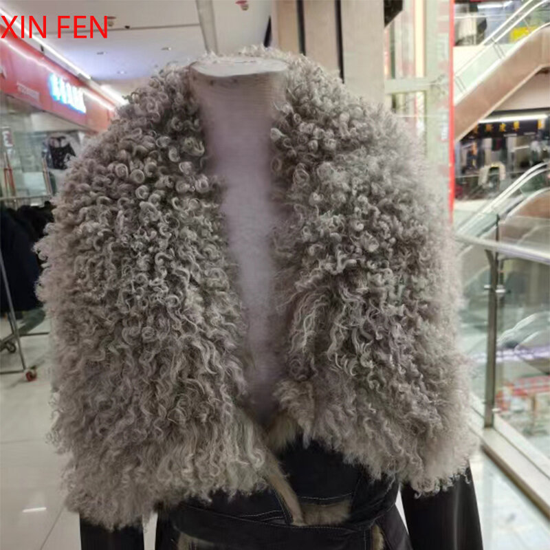 Manteau en peau de mouton pour femmes, manteau en cuir, doublure en poils de lapin, col luxueux, style long, 2023 manteau femme hiver