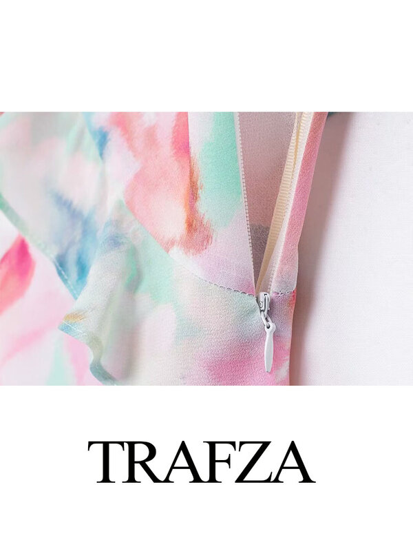 Trafza-女性用ビーチスタイルのミニドレス,Vネックのプリント生地のショートドレス,ノースリーブ,ホルター,赤い装飾の背景,ジッパー,夏のドレス,トレンディ,2024
