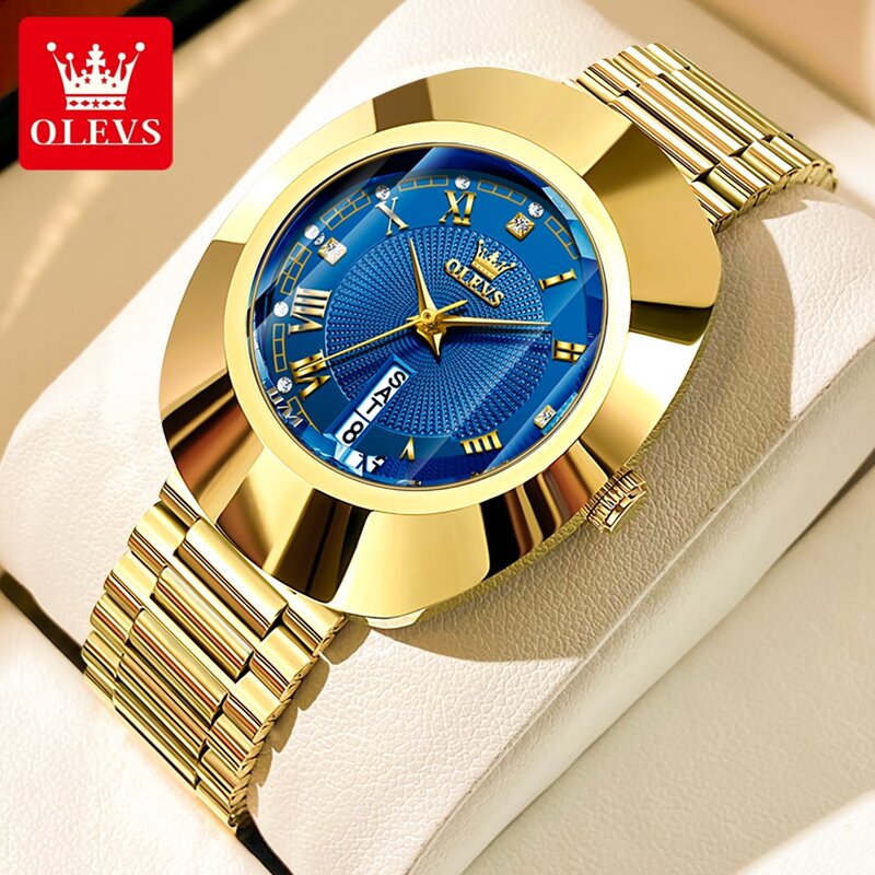 OLEVS jam tangan kuarsa emas untuk wanita, arloji emas casing baja Tungsten elegan modis tahan air, jam tangan mewah asli untuk wanita