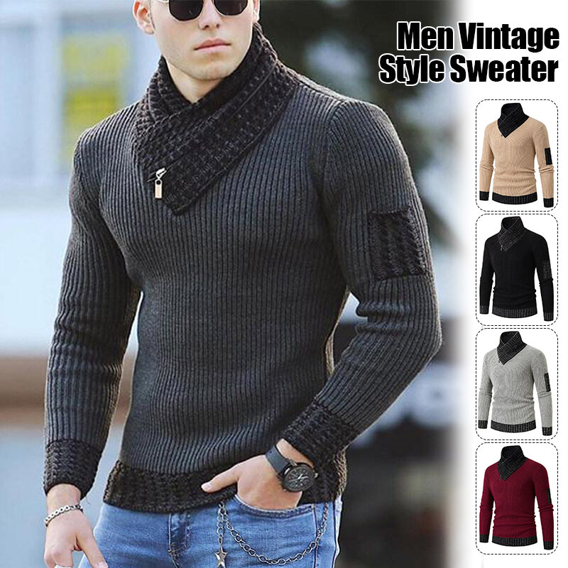 2023 Autumn Winter Warm Men's Pullover Sweater Fashion Zipper Scarf High Collar Slim Fit Long Sleeve Splice Knitwear Top