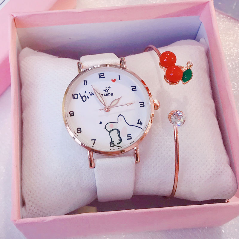 2023 신상 귀여운 소녀 시계, 학생 초등학생 핑크 가죽 글로우 쿼츠 시계, 생일 선물