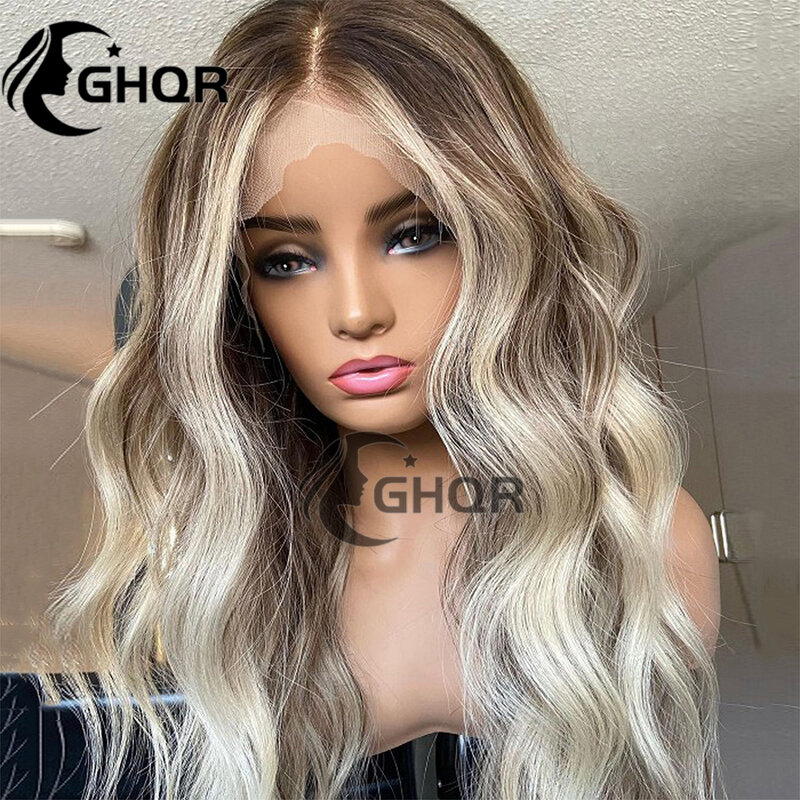Highlight Ash Blonde Full Lace Wigs Brazillian Human Hair Wavy Wig Platinum Blonde Glueless 13x6 Lace 360 Frontal Wig Transparen