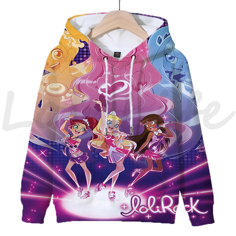 Śliczne LoliRock bluza z kapturem chłopiec dziewczyny Streetwear luźny pulower dzieci bluza z kapturem Cartoon Anime bluzy dzieci ubrania Sudadera