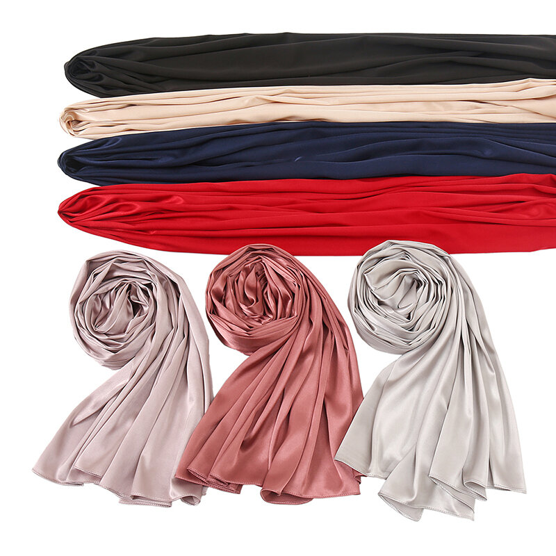 Lenço hijab cetim de seda para mulheres, envoltórios luxuosos em xale, lenço monocromático, lenços muçulmanos, tamanho grande, 180x70cm
