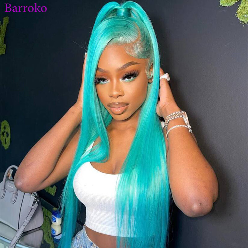 Barroko 613 Light Blue Colored Lace Frontal Wigs Human Hair Straight Transparent Lace Wig For Black Women 180% Pre Plucked Hair