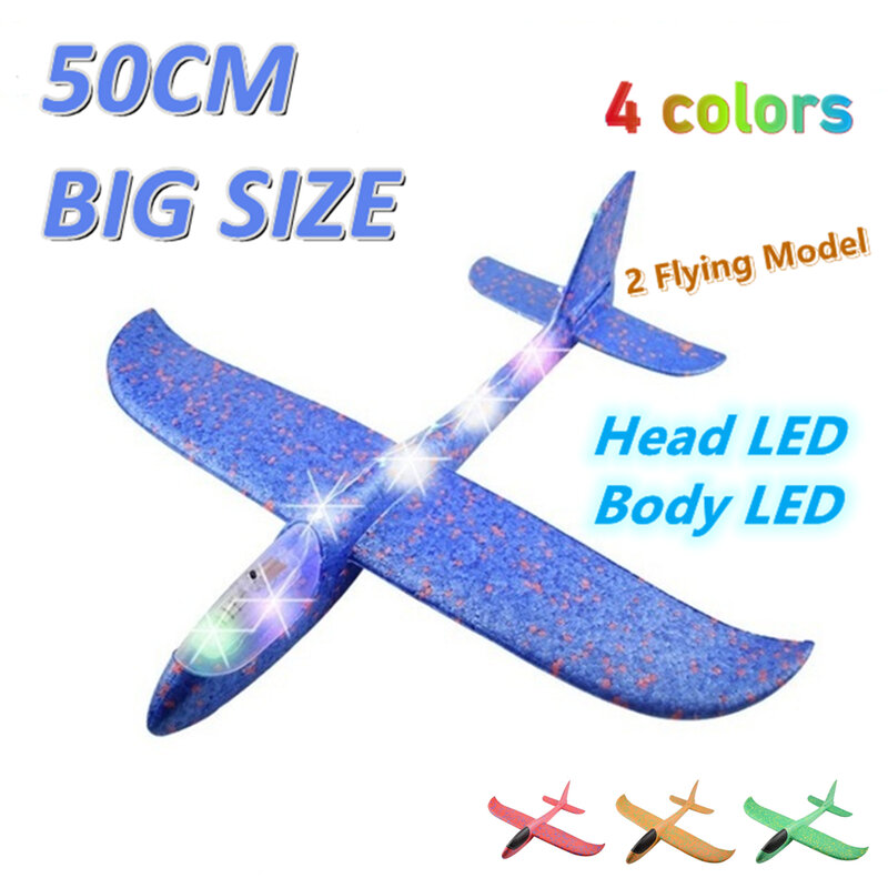 50CM 큰 거품 비행기 비행 글라이더 장난감 LED 라이트 손 던지기 비행기, 야외 게임 항공기 모델 완구 어린이 소년 선물