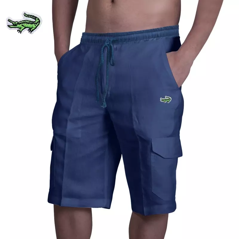 Pantalones cortos informales de lino y algodón bordados para hombre, Shorts deportivos con múltiples bolsillos, cintura elástica, transpirables, para playa