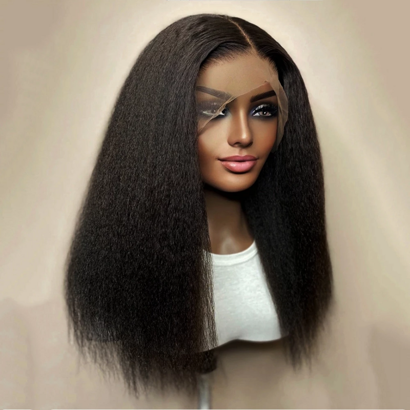 Wig lurus Kinky dengan ketebalan 180% Wig depan renda Yaki hitam untuk wanita dengan Wig sintetis rambut bayi tanpa lem suhu panas