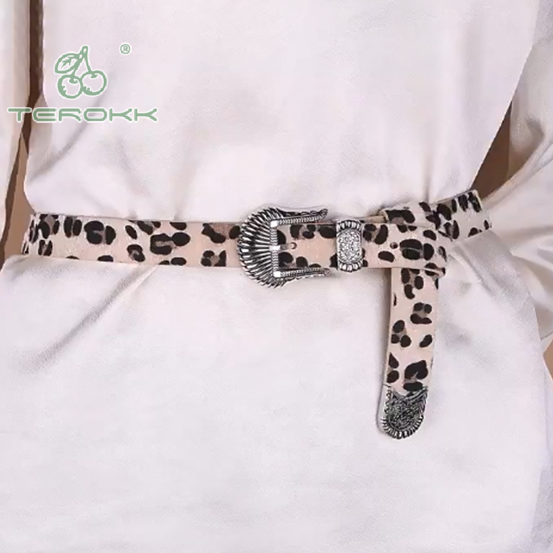 Cinturón de leopardo tallado Vintage para mujer, cinturón versátil de crin de imitación, accesorios para Jeans, hebilla de aleación