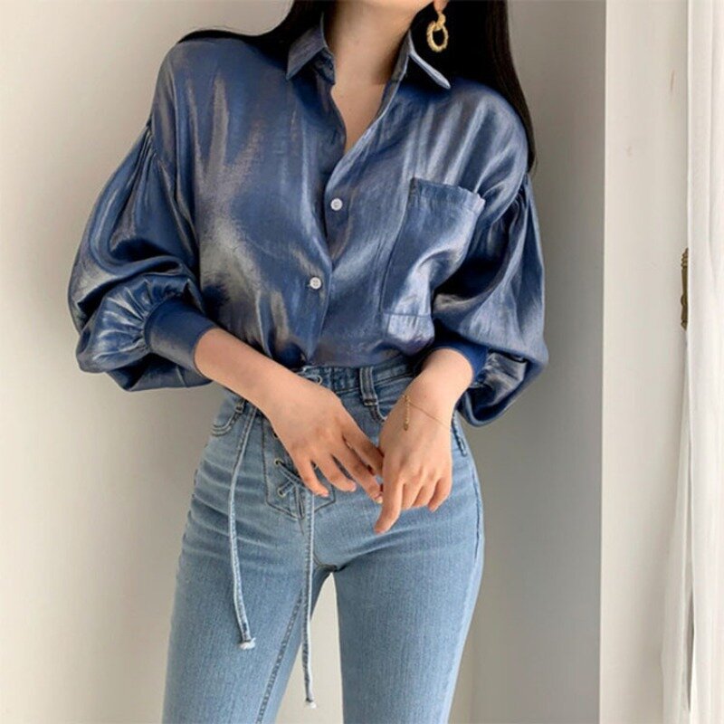 Gradient Color Blusas Shirts Womens Fashion Bright Blouse Female New Elegant Lapel Button Blusa Y2k Casual Puff Sleeve Tops 블라우스