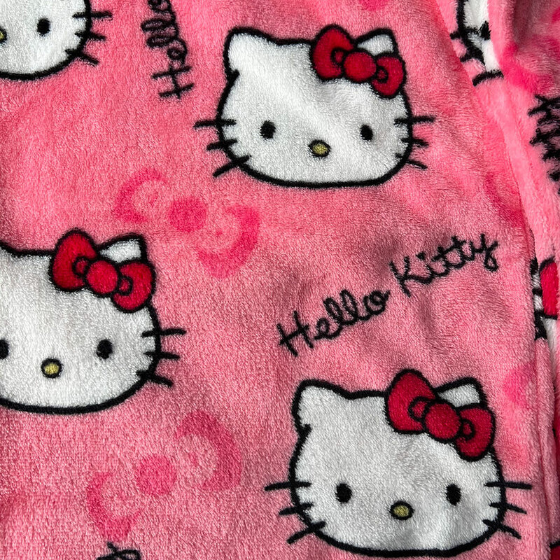 Sanrio Hello Kitty piyama flanel wanita, celana panjang Fashion musim gugur musim dingin kasual kartun wol hangat warna hitam