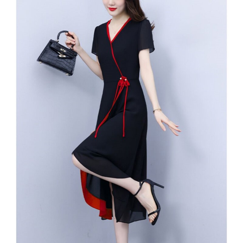 Юбка женская шифоновая до колен, модное приталенное асимметричное цветное платье в французском социалитовом стиле, большие размеры, на лето