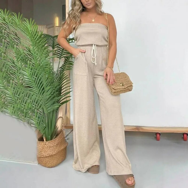 Tube Top Jumpsuit Striped Print Off Shoulder Jumpsuit with Side Pockets for Women Wide Leg Drawstring High Waist Vacation Beach