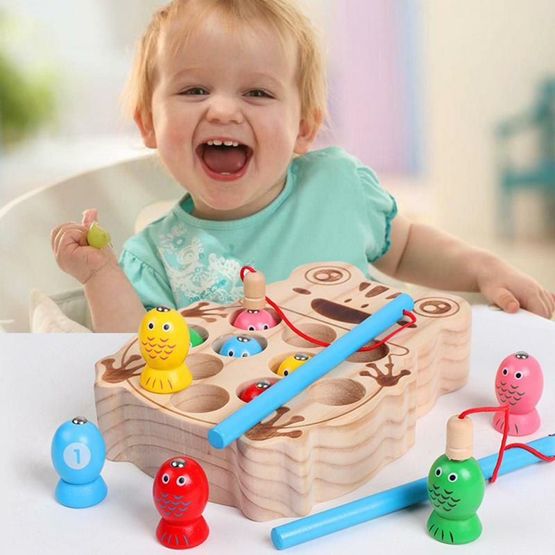 Mainan permainan memancing kayu, mainan prasekolah montesori joran bermain Set portabel halaman belakang permainan warna-warni Untuk Keluarga Anak