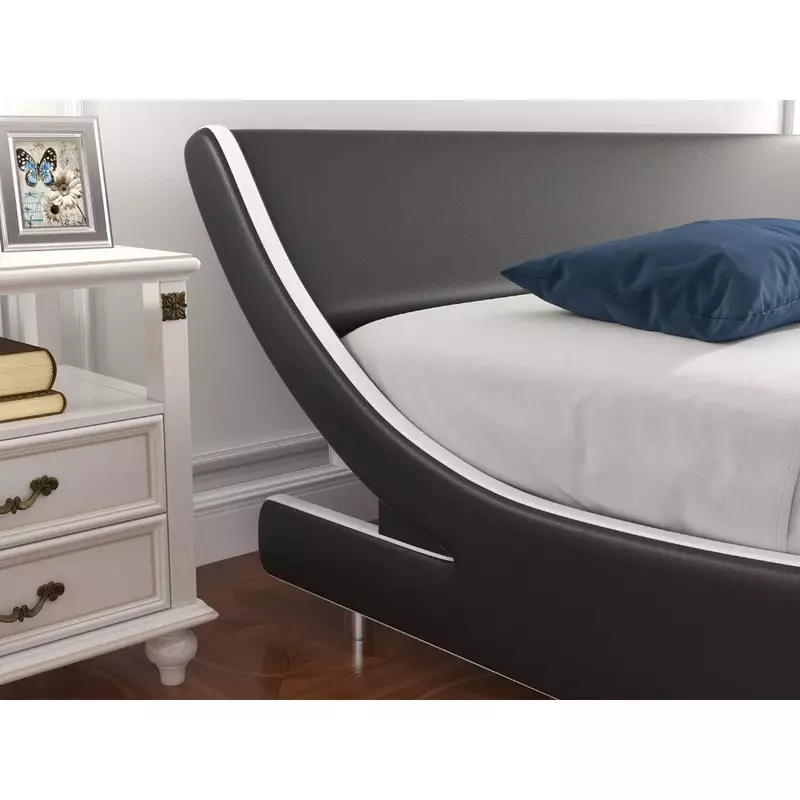 Modern Slim cama de trenó, equipado com cabeceira de couro sintético, plataforma grande acolchoada, fácil de montar