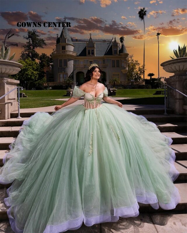 Lavendel Rand Salbei grünes Ballkleid Quince anera Kleid von der Schulter Perlen Prinzessin süß 15 Kleid Korsett Vestidos de 15 Años