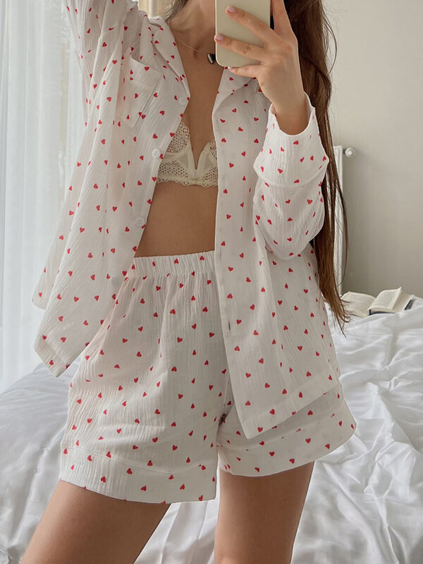 Women 2pcs Home Suit Loose Fitting Pajama Set Long Sleeved Heart-Shaped Printed Button Shirt Top+Elastic Shorts Set Casual Wear