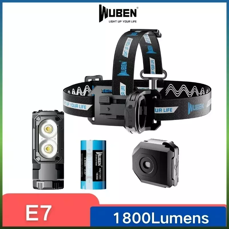 Wuben超小型軽量ヘッドランプ、ヘッドライトおよび懐中電灯、充電式トーチ、1800ルーメン、e7